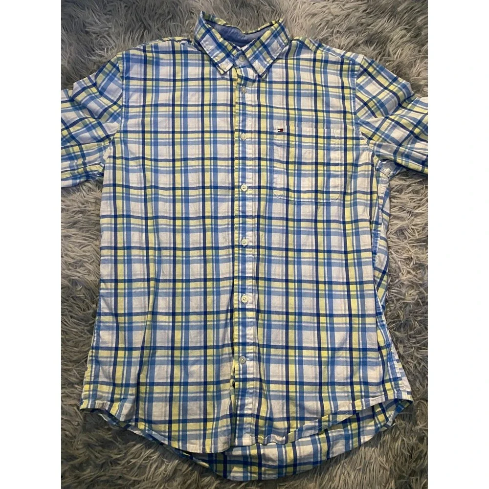 Tommy Hilfiger Men's Large Plaid Shirt Blue Yellow Long Sleeve Button Up Casual‎